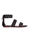 Black suede laser-cut flat sandals