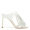 Ivory leather pin heel fringe mules