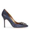 Hangisi 105 blue printed suede, colour buckle pump