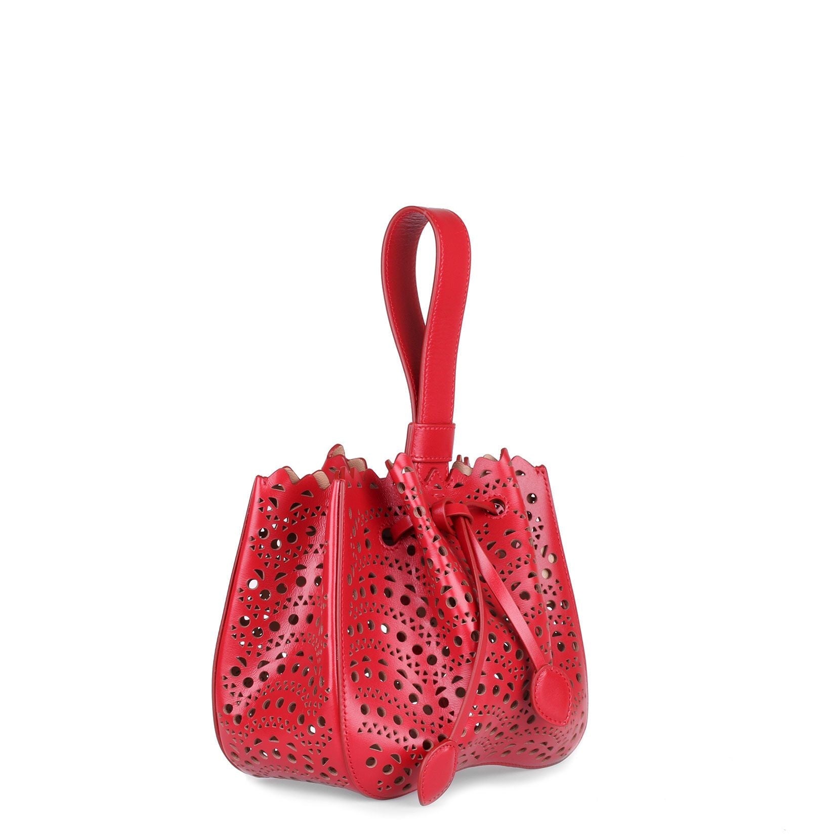 leather laser cut bucket bag