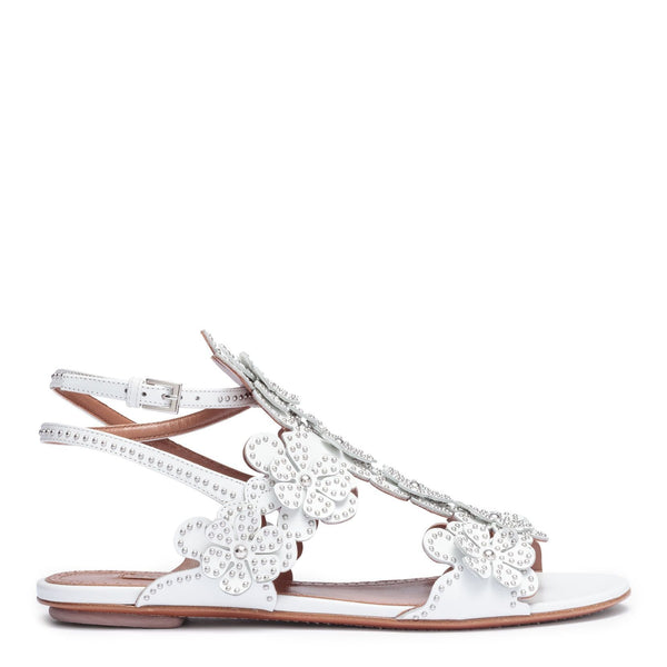 White leather floral flat sandals