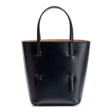 Navy leather tote with studded floral strap