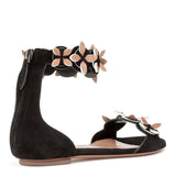 Black suede flower flat sandals