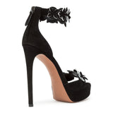 Black suede flower platform sandals