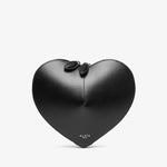 Black heart-shaped clutch bag with a bow on a white background