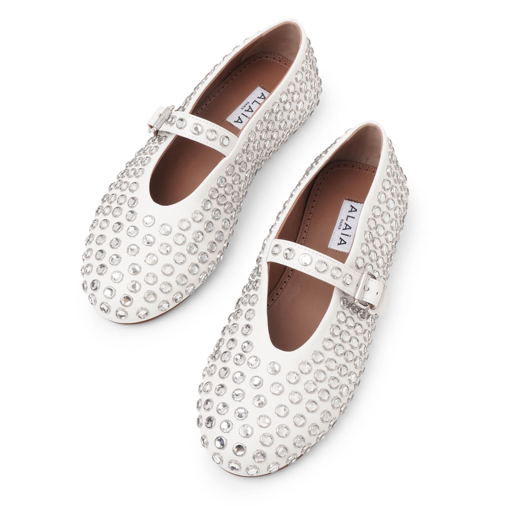 Shop Alaïa Embellished White Leather Ballet Flats