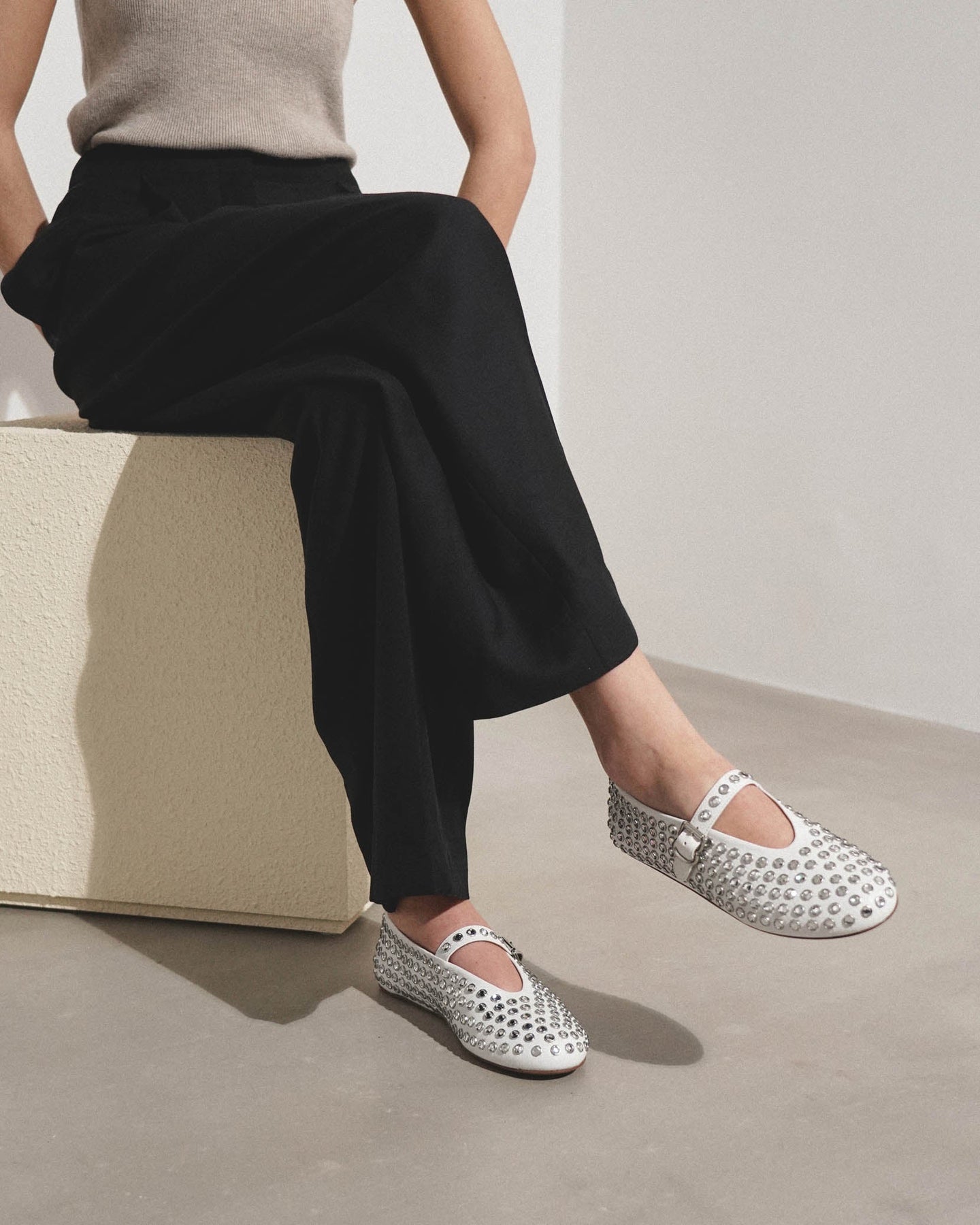 Shop Alaïa Embellished White Leather Ballet Flats