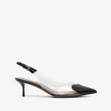 Black sandal with clear heel on a white background
