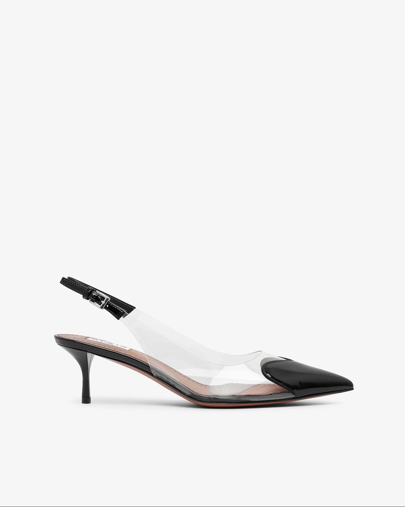 Black sandal with clear heel on a white background