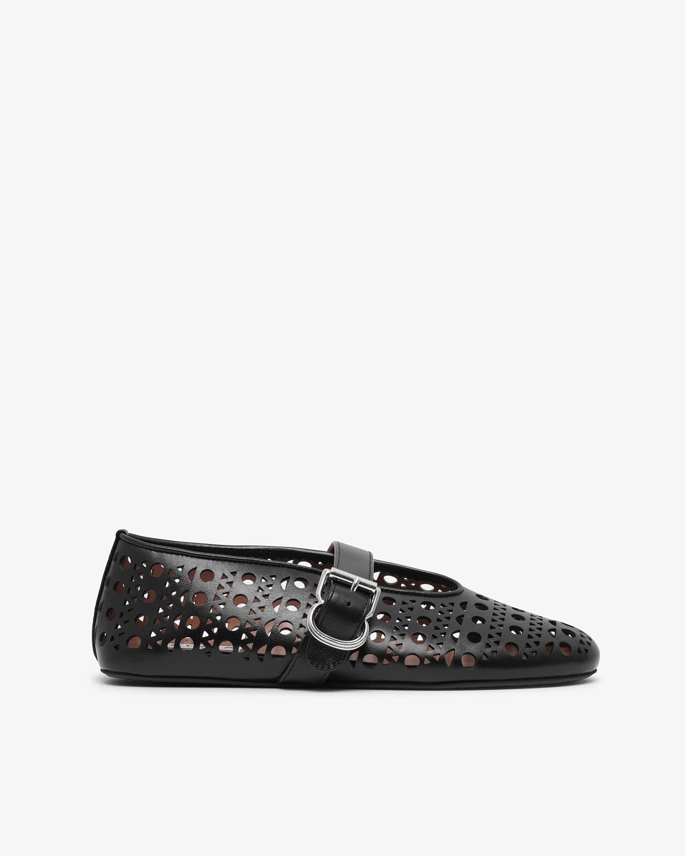 Black perforated shoe with a buckle on a white background