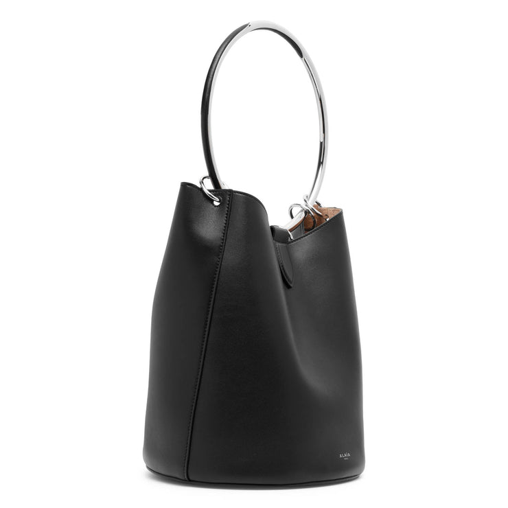 Ring black leather bucket bag