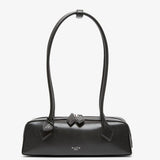 Black handbag with a bow detail on a white background