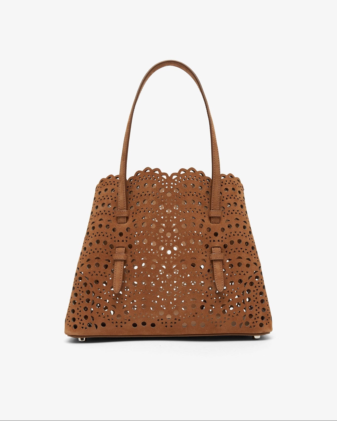 Brown perforated handbag on a white background
