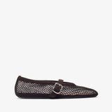 Black mesh ballet flat shoe on a white background