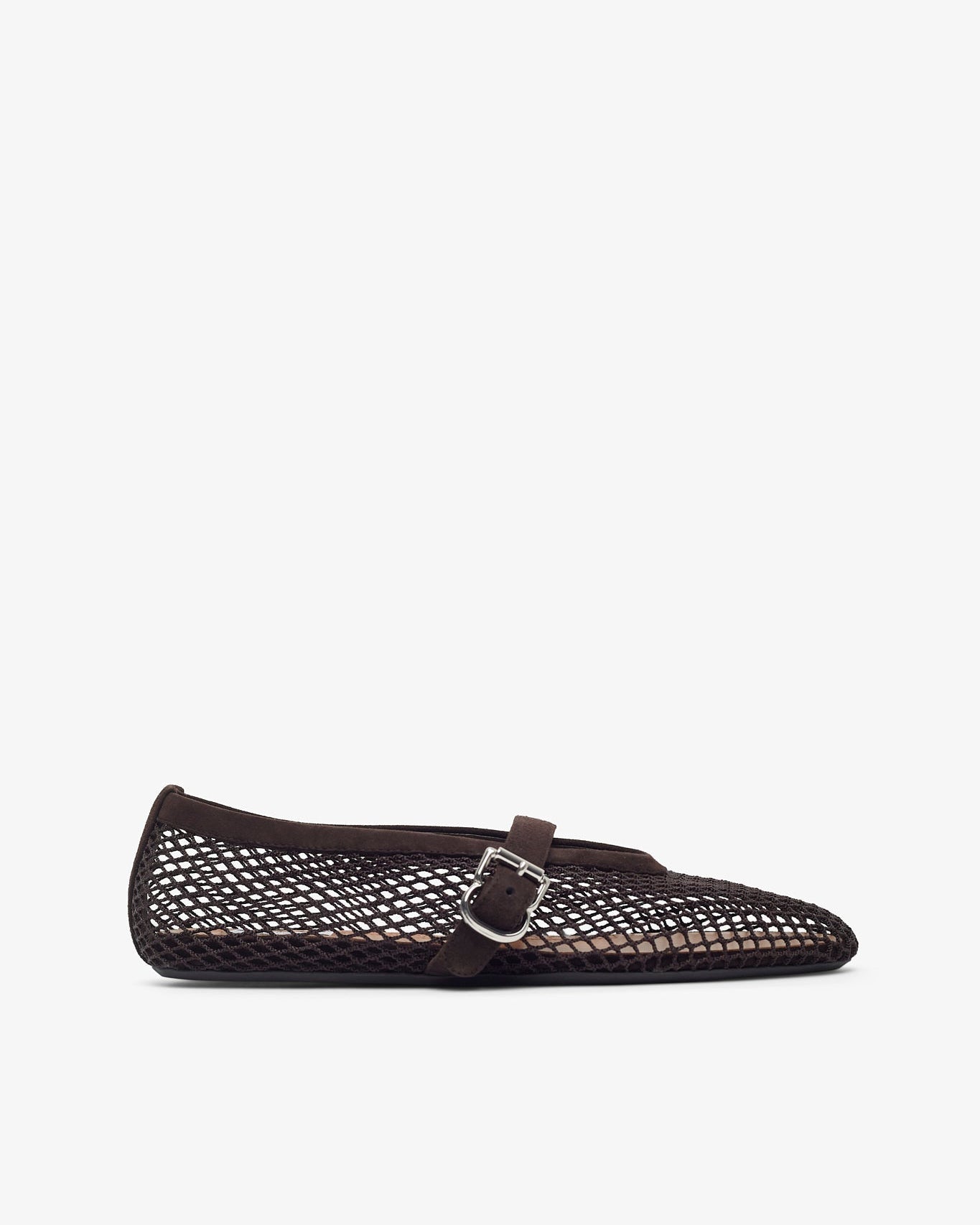 Black mesh ballet flat shoe on a white background