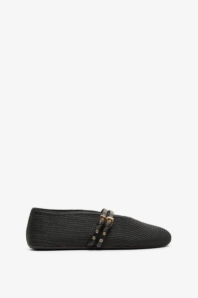 Paper straw black ballet flats