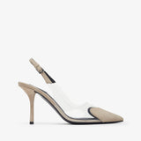 High-heeled sandal with clear strap on a white background