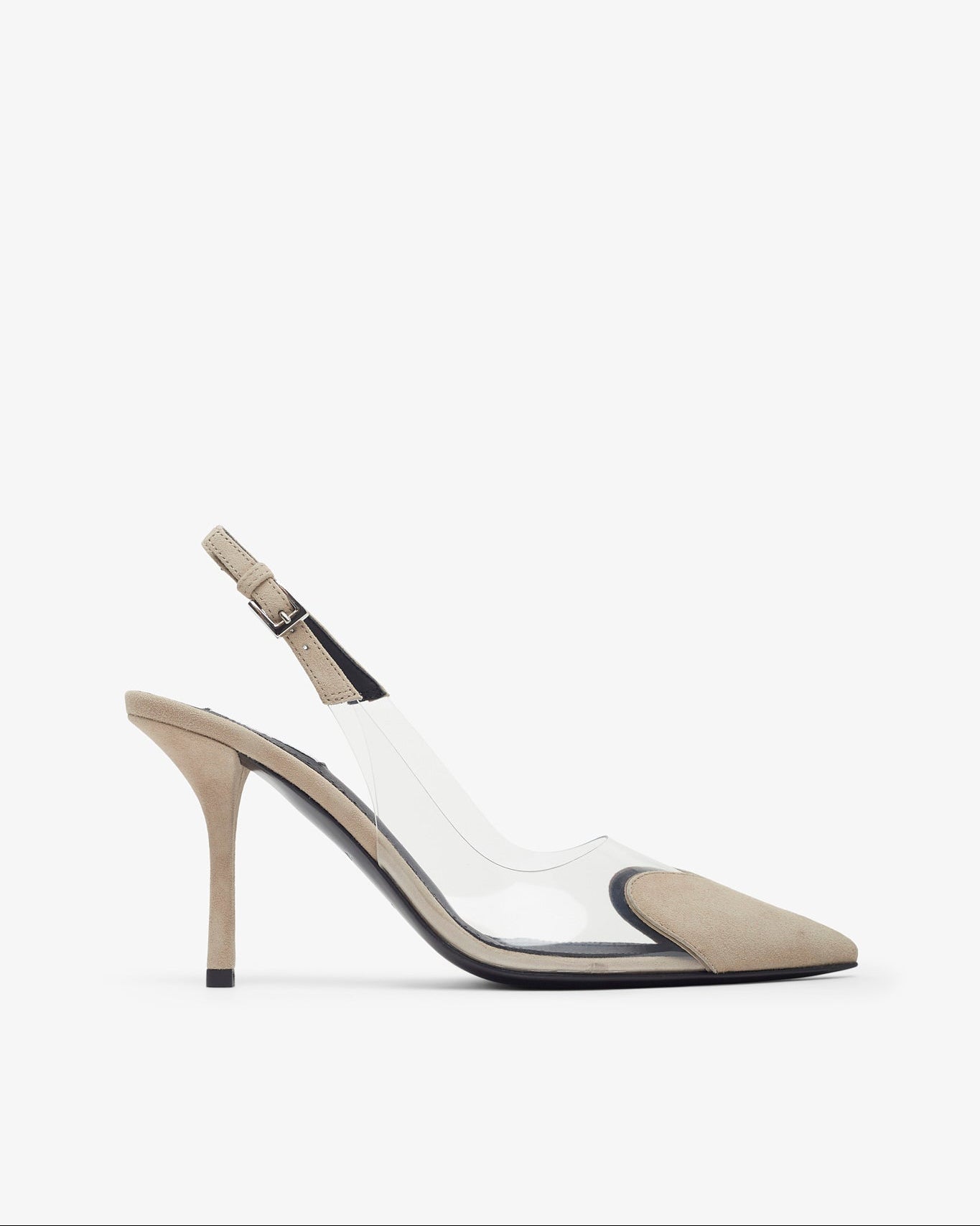 High-heeled sandal with clear strap on a white background