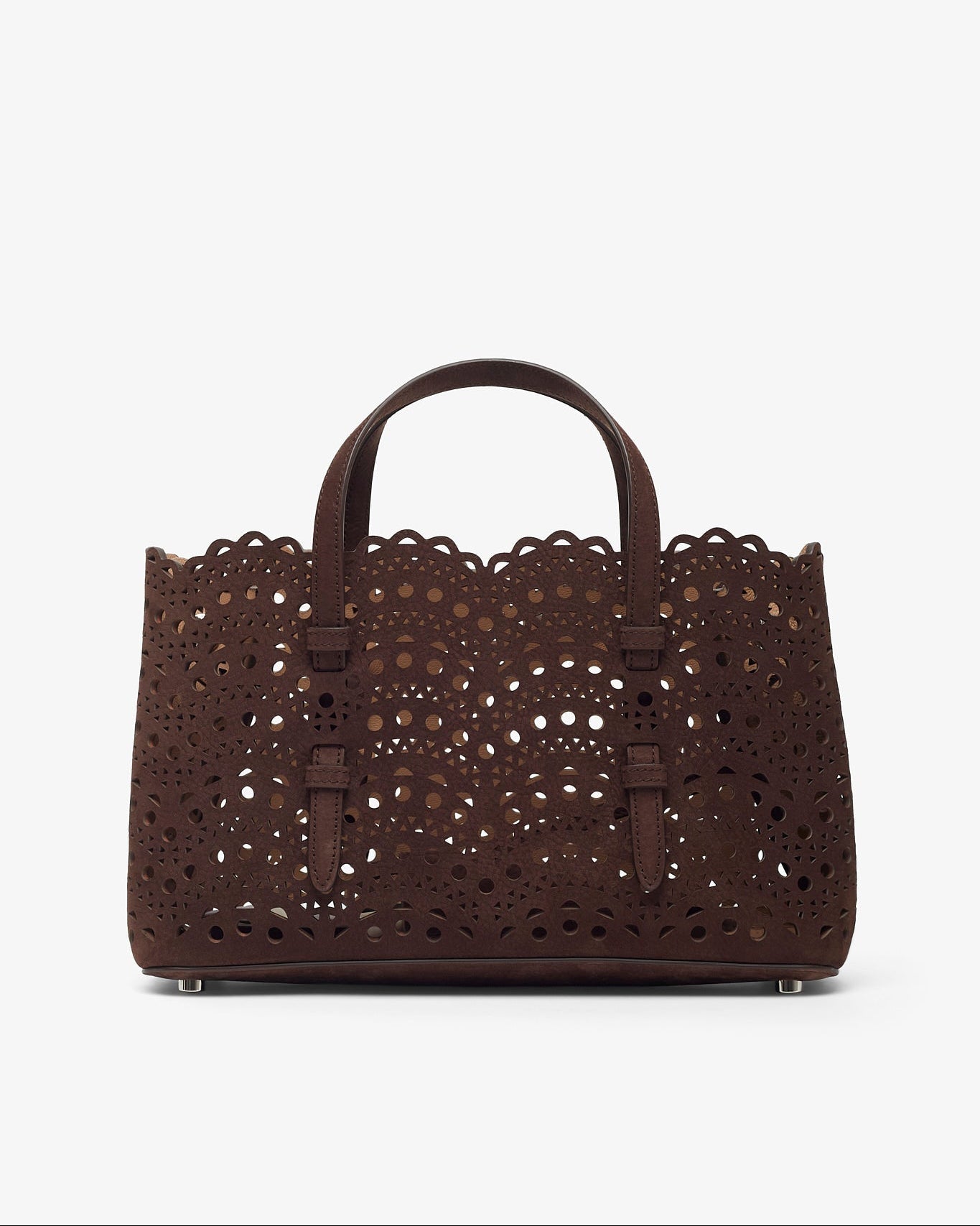 Brown laser-cut handbag on a white background