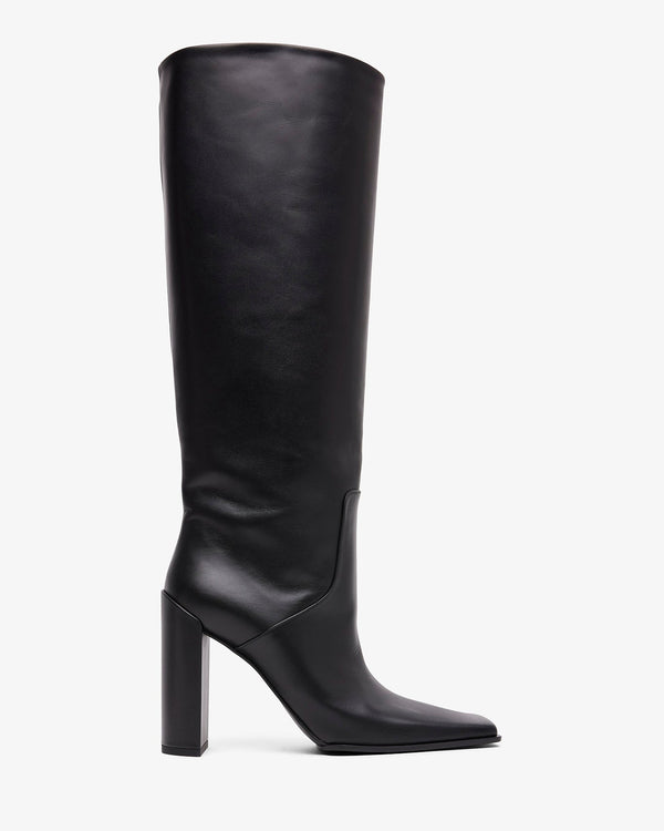Black knee-high boot on a white background