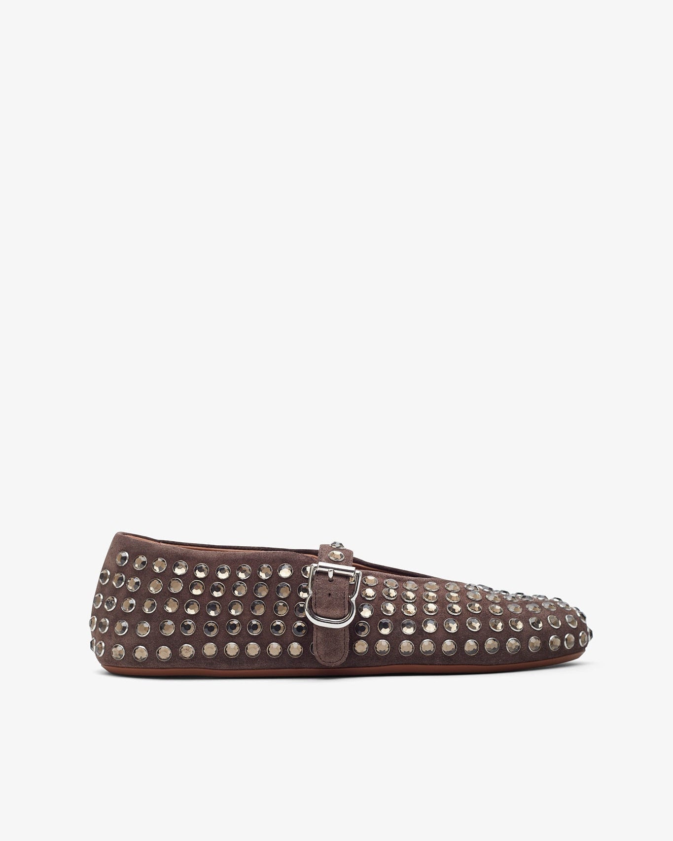 Brown studded flat shoe on a white background