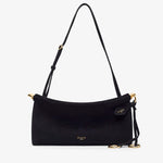 Black handbag with gold accents on a white background