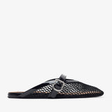 Patent black mesh mule flats