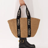Woody raffia black tote bag