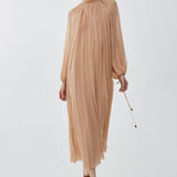 Mock-neck gathered long dress in silk georgette