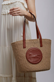 Horse medal brown raffia basket bag