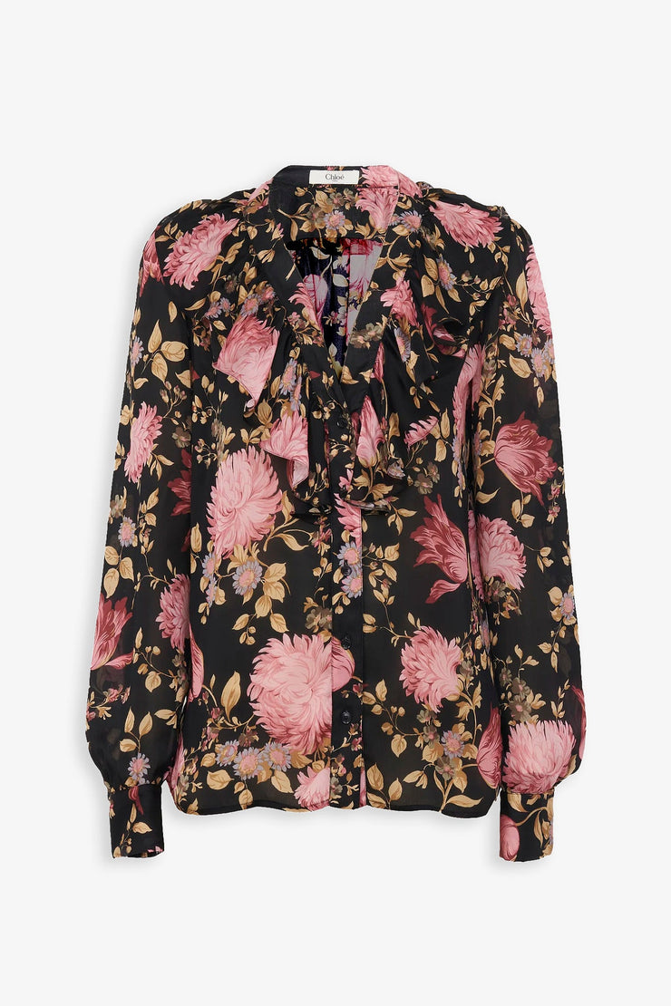 V-neck ruffled silk charmeuse blouse