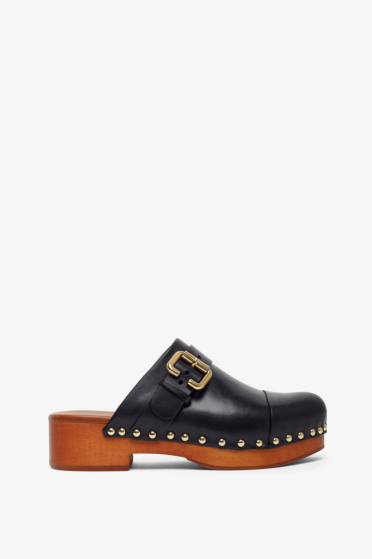 Jeannette black leather clogs