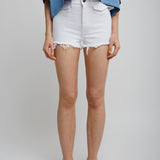 High rise white mini denim shorts