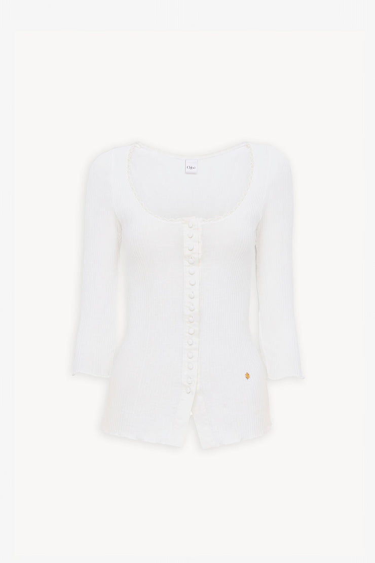 Scoop-neck fitted white cardigan