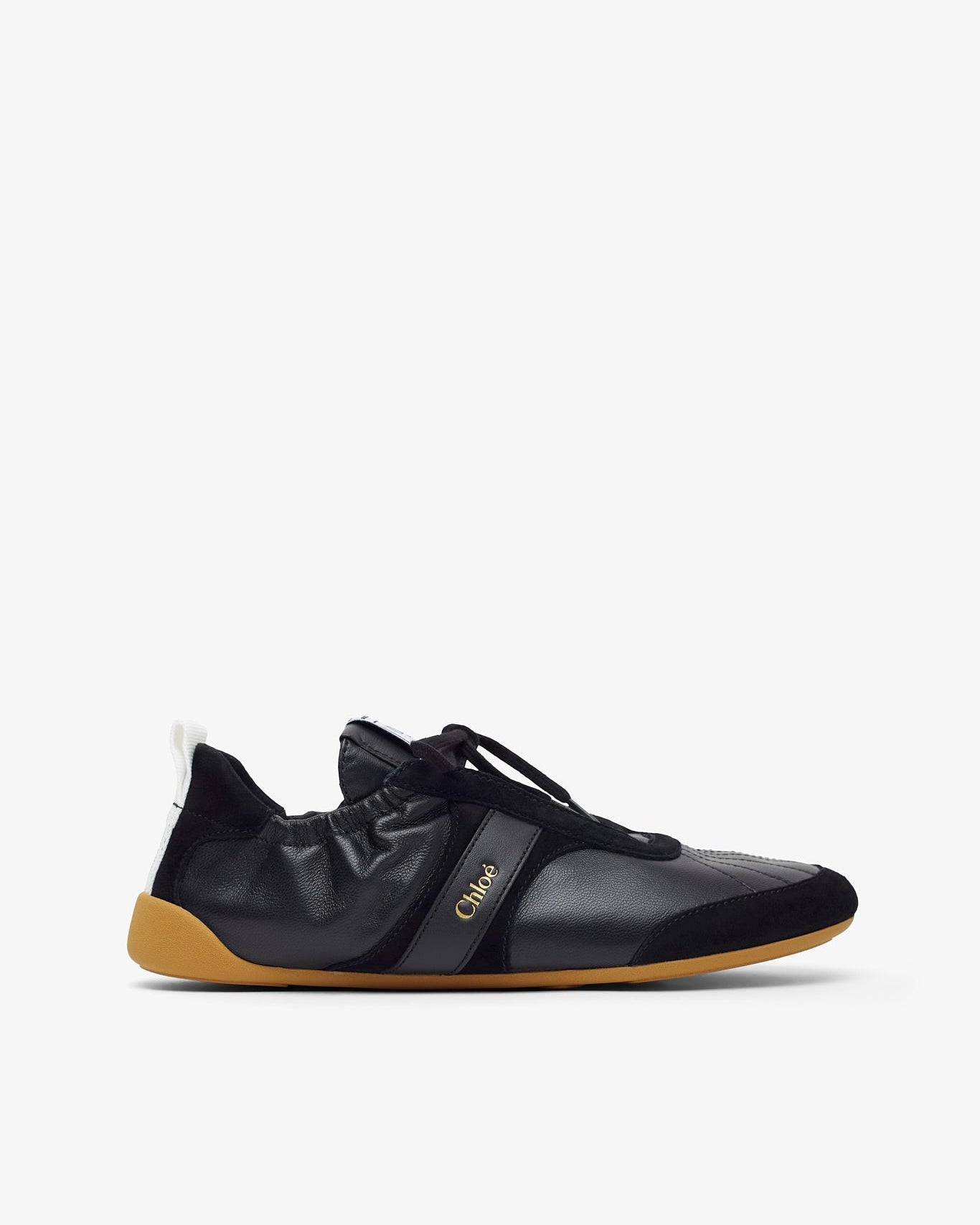 Black sneaker with a brand logo on a white background