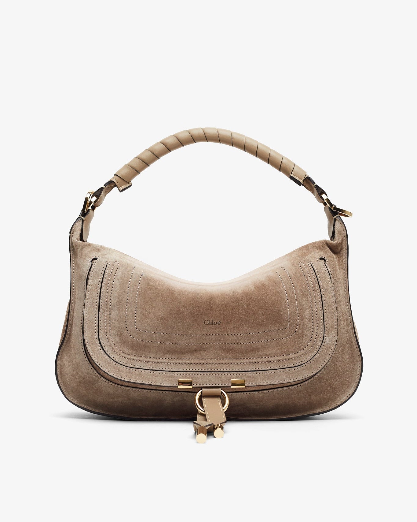 Beige handbag with gold accents on a white background