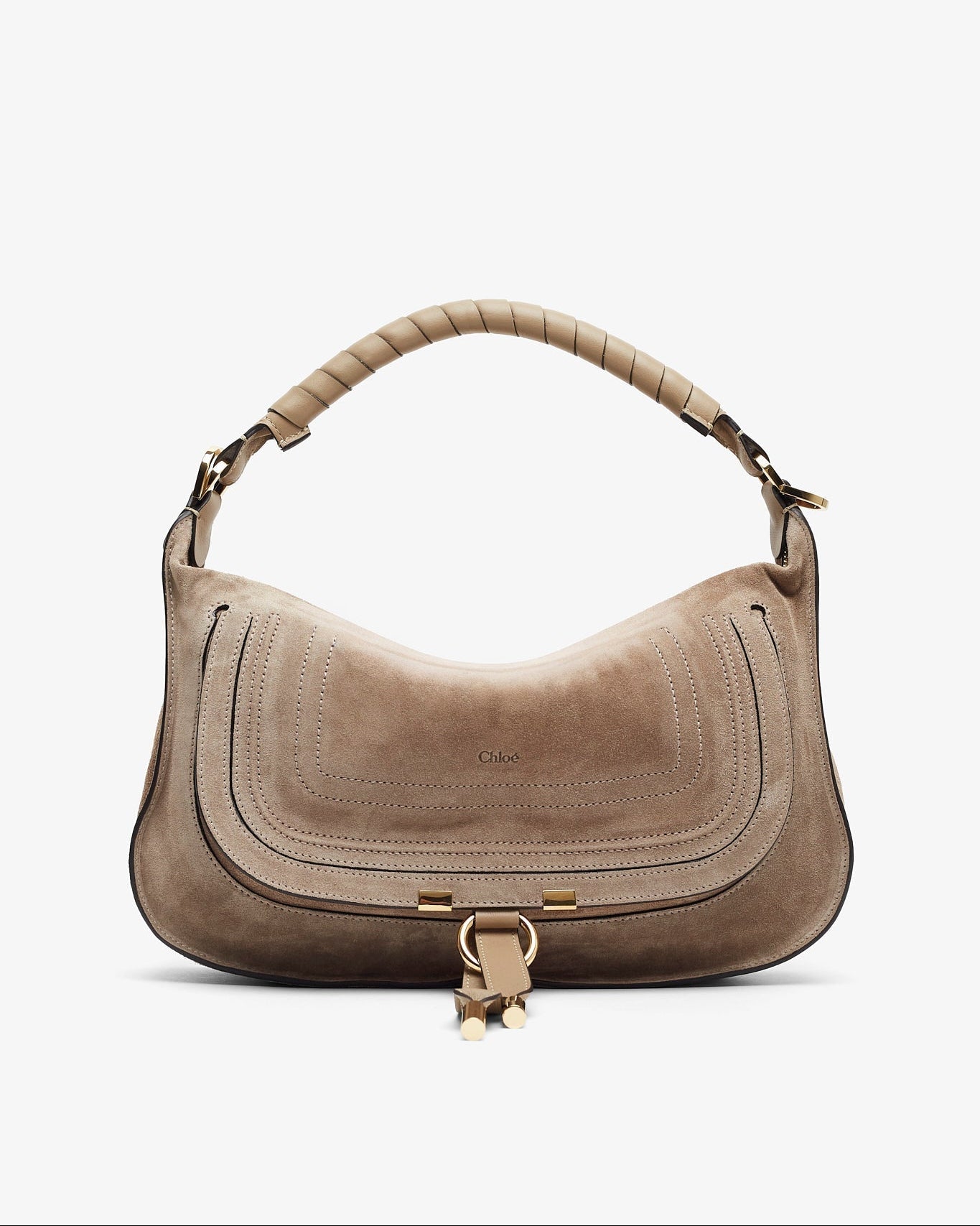 Beige handbag with gold accents on a white background