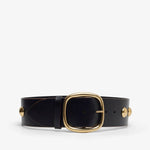 Black leather belt with gold buckle on a white background