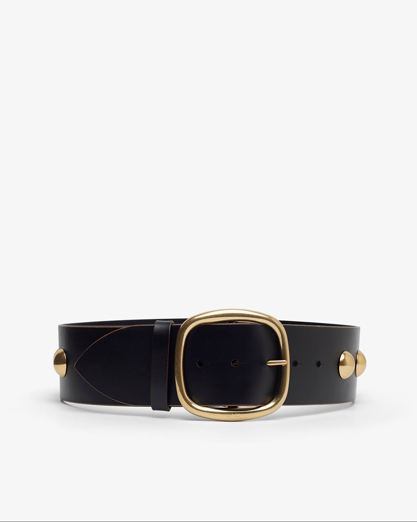 Black leather belt with gold buckle on a white background