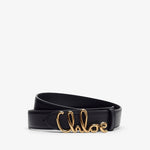 Black belt with gold 'Chloe' logo on a white background