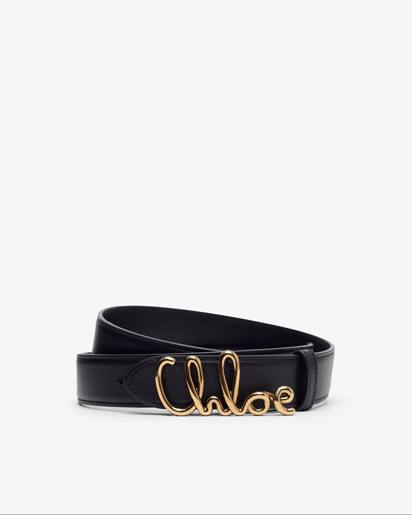 Black belt with gold 'Chloe' logo on a white background