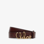 Brown belt with gold 'Chloé' logo on a white background