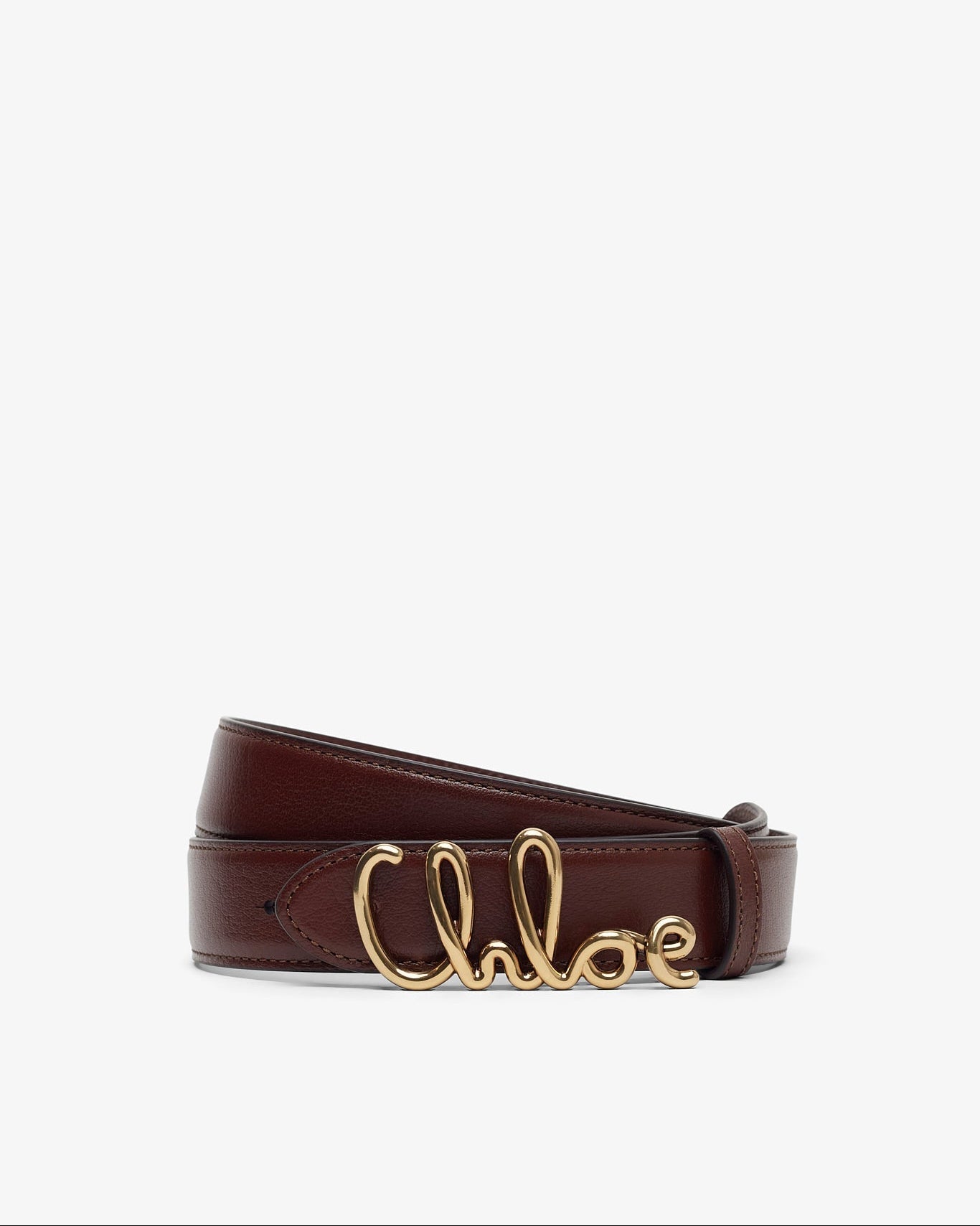 Brown belt with gold 'Chloé' logo on a white background