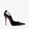 Black high-heeled shoe with red sole on a white background