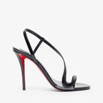 Black high-heeled sandal with red sole on a white background