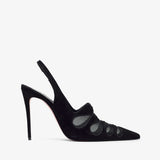 Black high-heeled shoes with a slingback design on a white background
