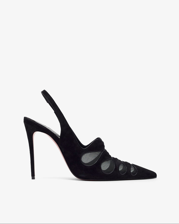 Black high-heeled shoes with a slingback design on a white background