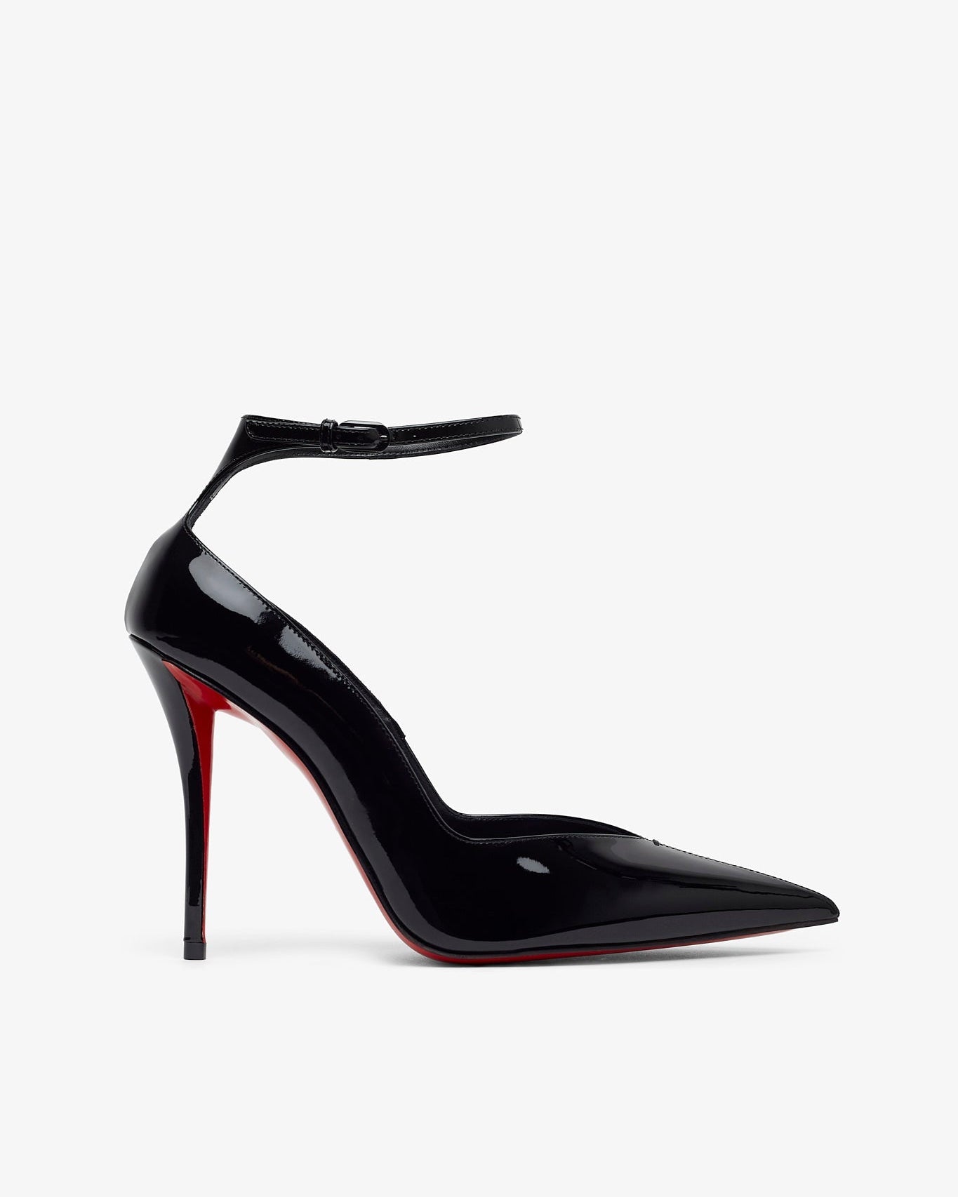 Black high-heeled shoe with a red sole on a white background