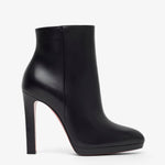Black high-heeled ankle boot on a white background