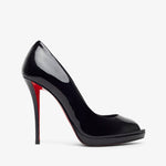 Black high-heeled shoe with a red sole on a white background